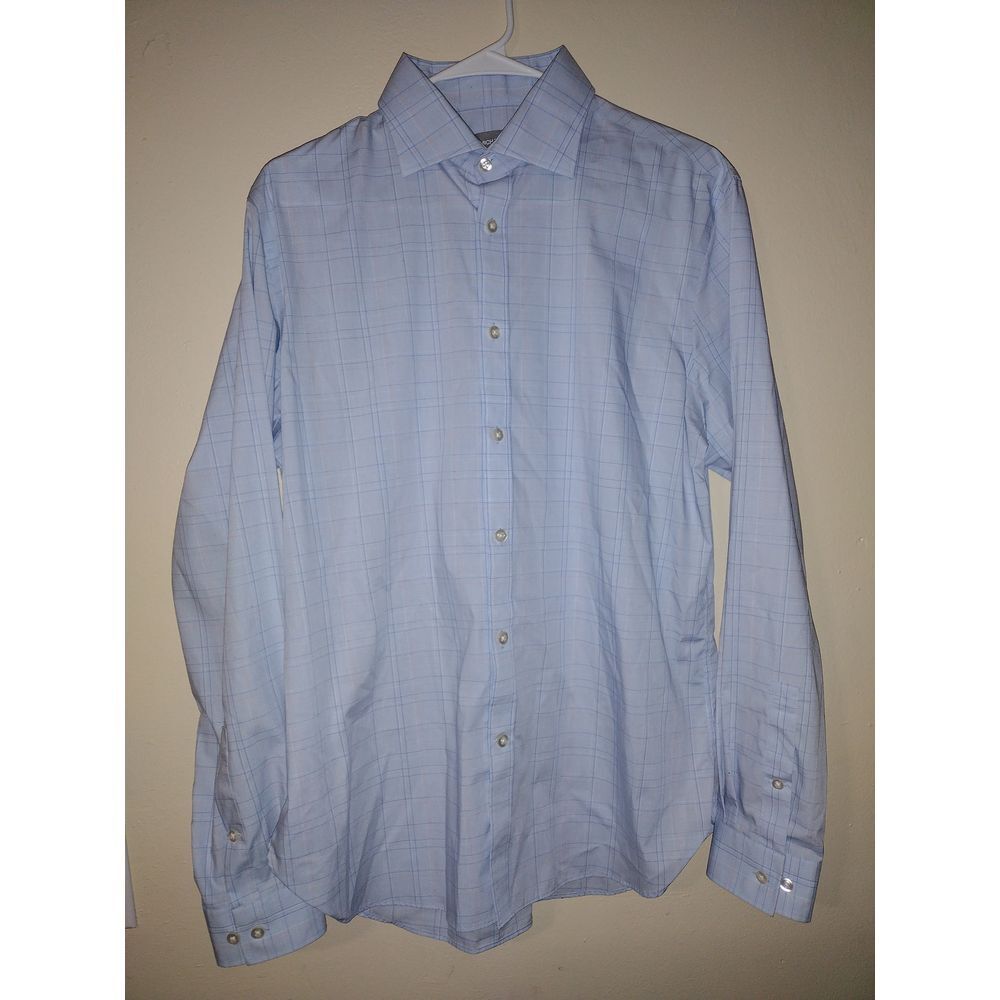 Michael Kors Men's Light Blue Windowpane Check Button Down‎ Dress Shirt Size L
